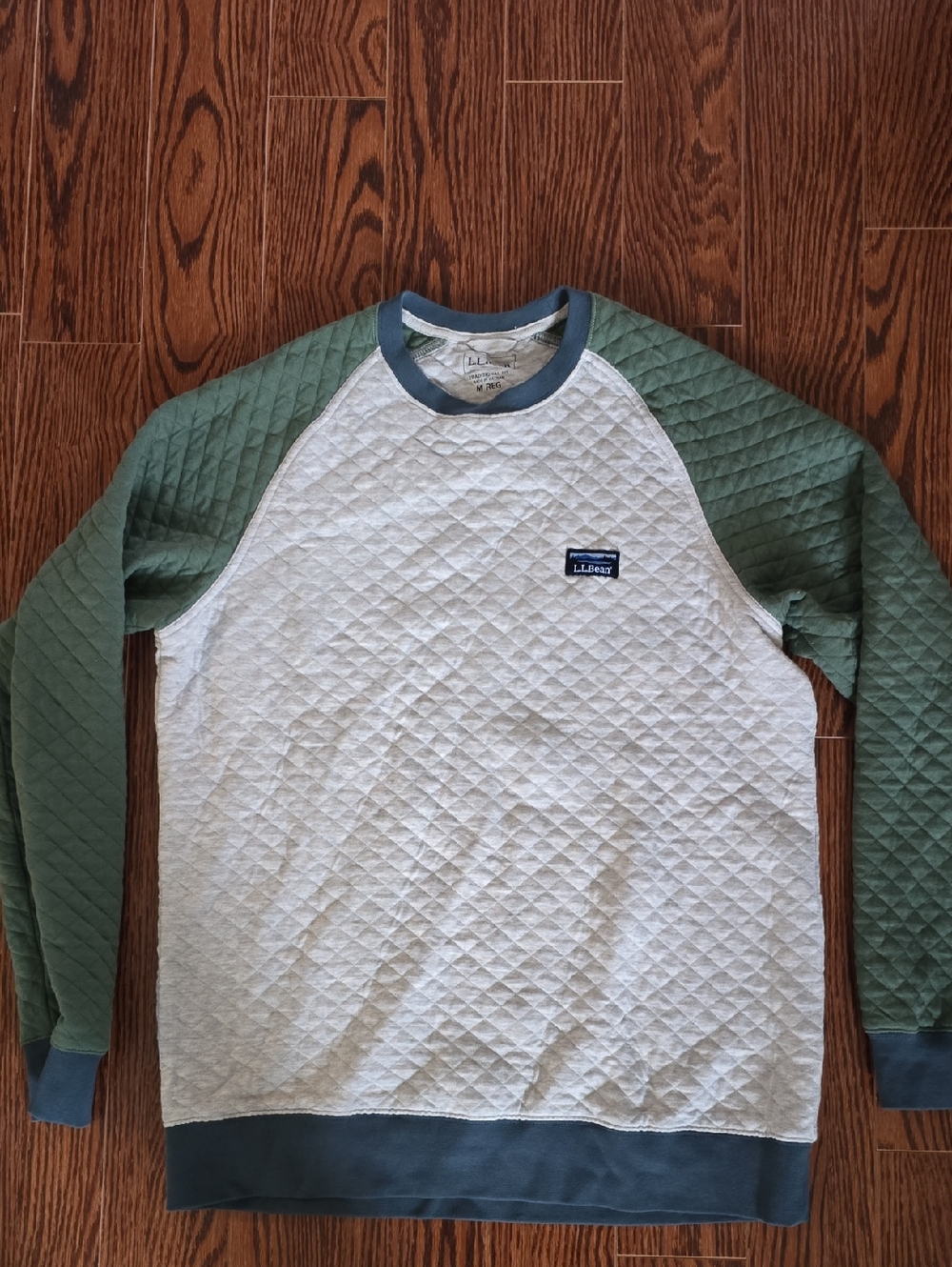 L.L.Bean Light Grey Quilted Sweatshirt with Blue Neckline and Green Accents